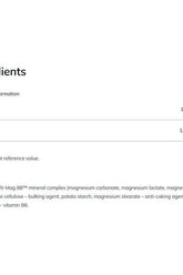 Ingredients list for Olimp Labs Tri-mag B6 tablets, including magnesium and vitamin B6 components.